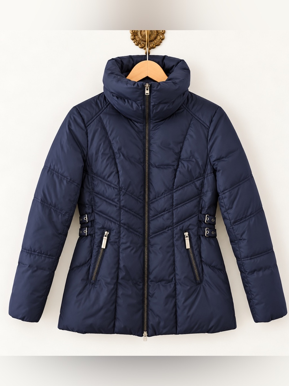 Women’s Navy Quilted Puffer Coat High Collar Belted Waist Zip Jacket